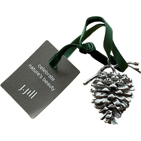 J. Jill Shimmering Pine Cone Ornament Green Ribbon Silver Tone Metal Holiday - Picture 1 of 4